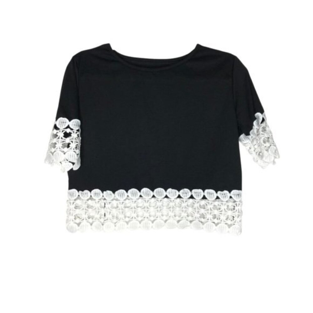 Black Top with White Embroidered Lace Accents Size Small